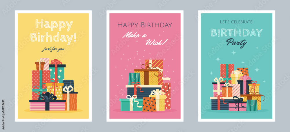 Set of Happy Birthday greeting cards or party invitations. isolated multicolored flat illustrations. Vector postcards with various gift boxes. Layered templates. Invitation concept.