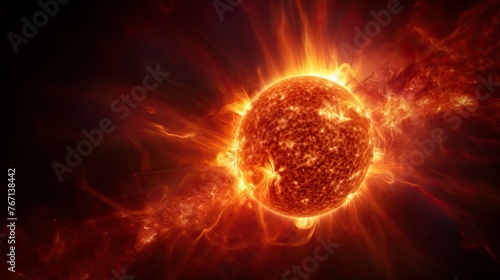 Surface of sun with prominences, solar radiation and magnetic storm