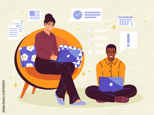 Modern coworking concept. Man and woman sitting with laptops in comfortable place. Freelancers and remote employees. Wages on internet, online job. Cartoon flat vector illustration