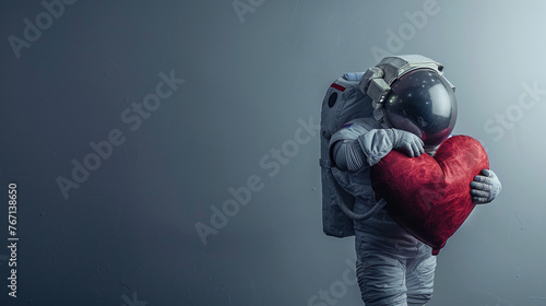 An astronaut hugging a large red heart. Plain color background.