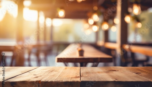 empty rustic bar restaurant cafe wooden table space platform with defocused blurry pub interior sunny weather autumn summer spring warm cozy house cottage core mockup product display background
