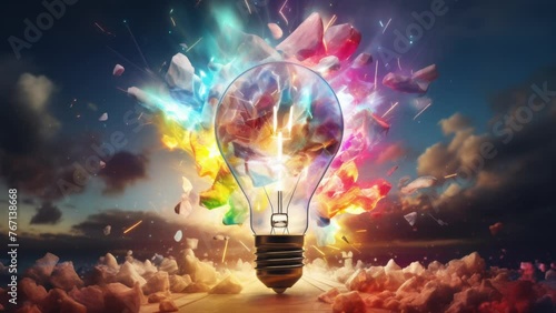 moment of creative spark concept with a light bulb surrounded by clouds  photo