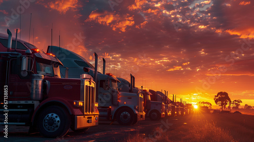  Dawn Fleet Silhouettes  Trucks line up as the day breaks  their profiles etched against a fiery sunrise  encapsulating the calm before a day s journey.