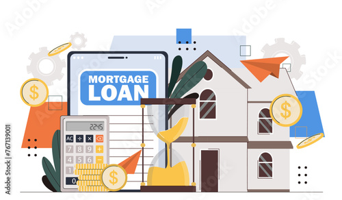 Mortgage loan concept. Golden coins, calculator and hourglass near house. Deals and agreements with private property and real estate. Investing and trading. Cartoon flat vector illustration