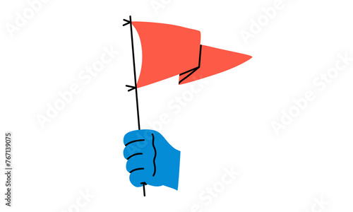 Hand drawn cute cartoon illustration of hand with red flag. Flat vector achievement or victory sticker in colored doodle style. Challenge success icon. Protest, danger, aggression sign. Isolated.