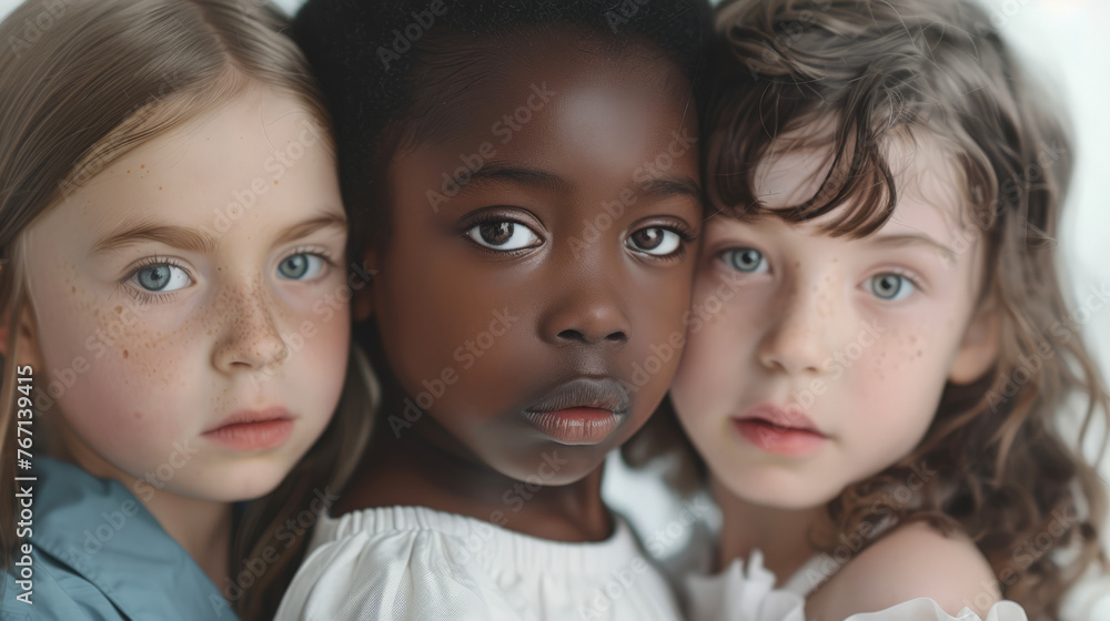 Cheerful children of different ethnicities in diversity photo shoot on soft color background. Cheerful children of different ethnicities in diversity photo shoot on soft color background.
