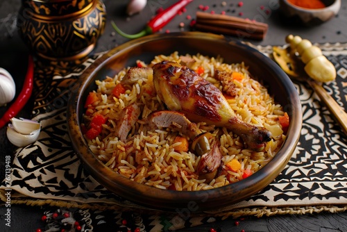 Delicious Mandhi Rice: Arabic Cuisine Side View on Black Background Decorated with Spices photo