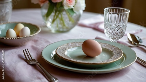 Easter table setting with blue eggs and cutlery, closeup