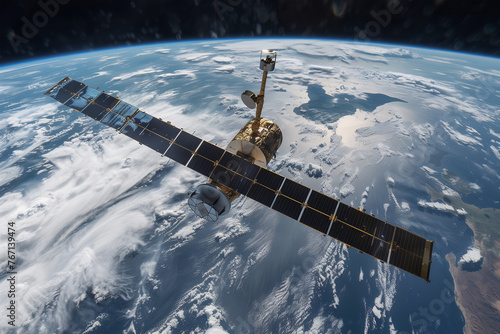 Global internet telecommunications network in space with satellites equipped with solar panels photo