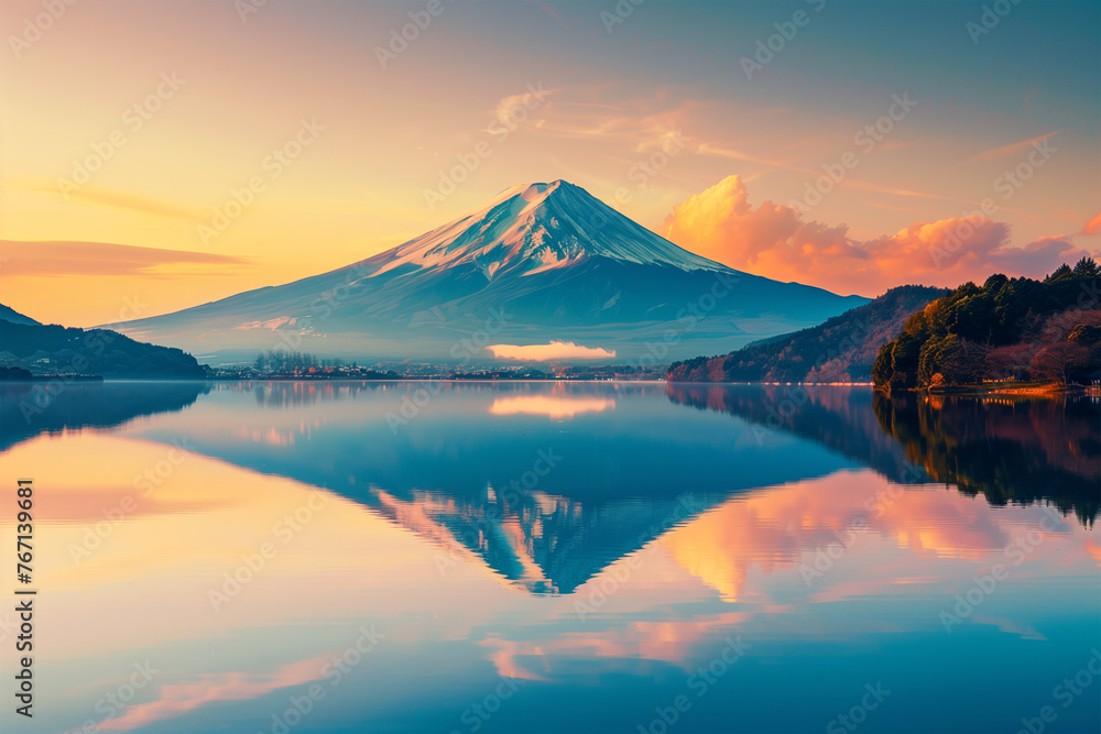 Mount Fuji and Lake Shojiko at sunrise in Japan.