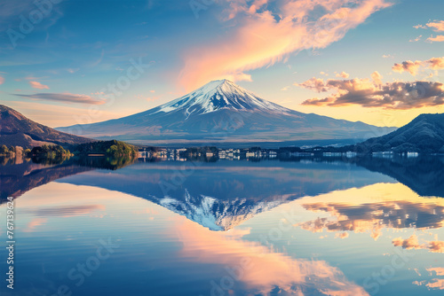 Mount Fuji and Lake Shojiko at sunrise in Japan. © RetoricMedia