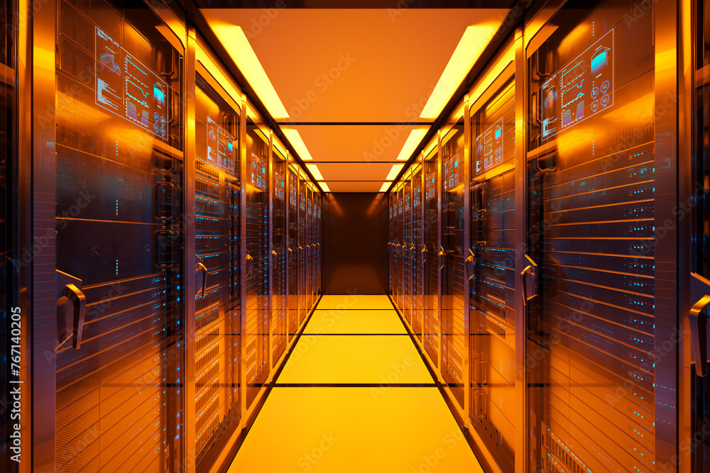 Advanced Data Center Server Room with High-Tech Cybersecurity Systems