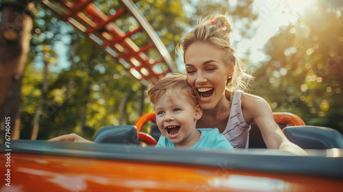Joyful Mother and Son Enjoying Roller Coaster Ride at Summer Theme Park
