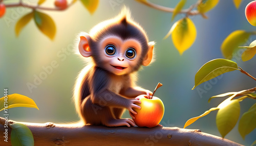 A baby monkey holding a golden apple in the background