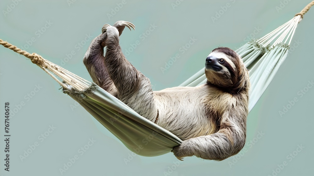 Sloth Relaxing in a Miniature Hammock Against a Light Green Background - obrazy, fototapety, plakaty 