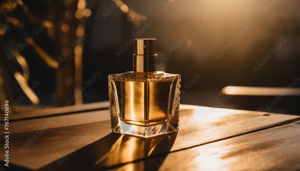 bottle of perfume on table against dark background