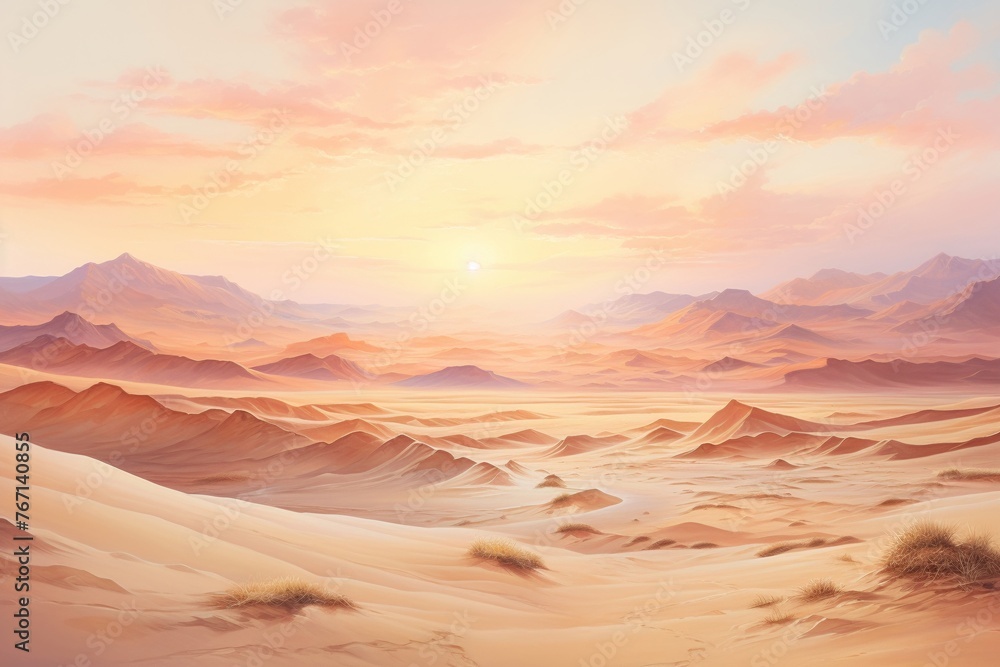 Fototapeta premium Desert dunes at sunset, watercolor, warm palette, horizontal angle, soft shadows