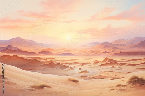Desert dunes at sunset, watercolor, warm palette, horizontal angle, soft shadows