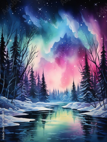 Frozen lake under northern lights, watercolor, vibrant aurora, low angle, night sky