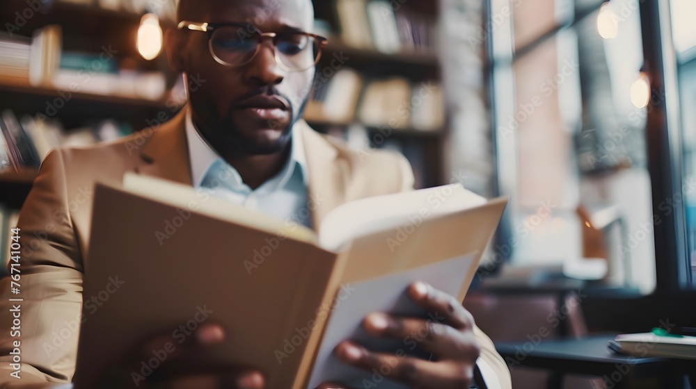 Focused Businessman Studying Business Development Strategies in Library Focused Businessman Studying Business Development Strategies in Library