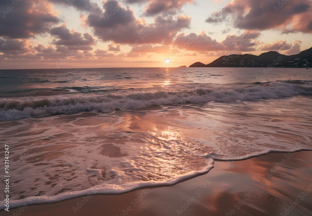 Gorgeous Sunrise Over Ocean Waves on Sandy Beach