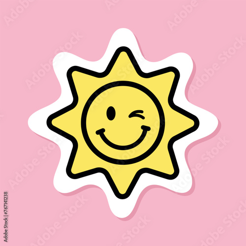 winking sun sticker, yellow symbol with black outline, cute smiling sun with winking eye on pink background, groovy aesthetic vector design element