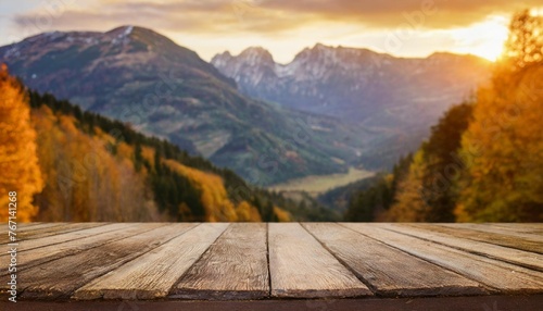 empty wooden desk with autumn mountains background