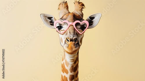 Charming Giraffe Wearing Miniature Heart-Shaped Sunglasses on Light Yellow Background © R Studio