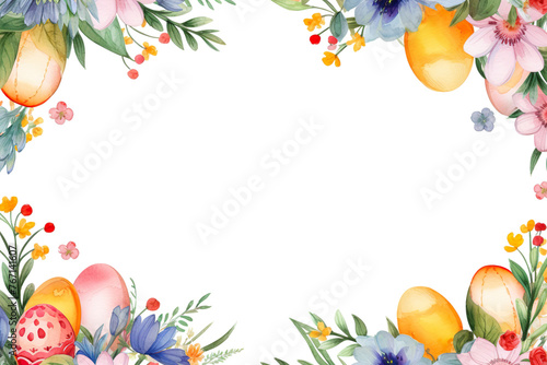 easter frame decorated with colourful easter eggs and flowers, digital illustration, Generative AI