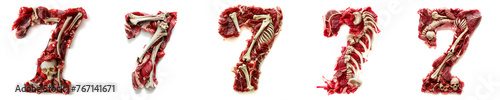Number Seven Horror alphabet and number concept. Halloween isolated text. Creepy meat with bones, flesh and skin. Anatomy alphabet and numbers set. Isolated white background. Bloody rotten meat