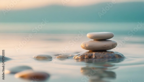 calm zen stones in milky water against a blurred turquoise background with copy space