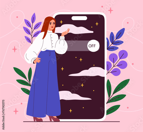 Woman with offline smartphone. Young girl with mobile phone turn off internet at gadget or device. Character with digital detox. Cartoon flat vector illustration isolated on pink background