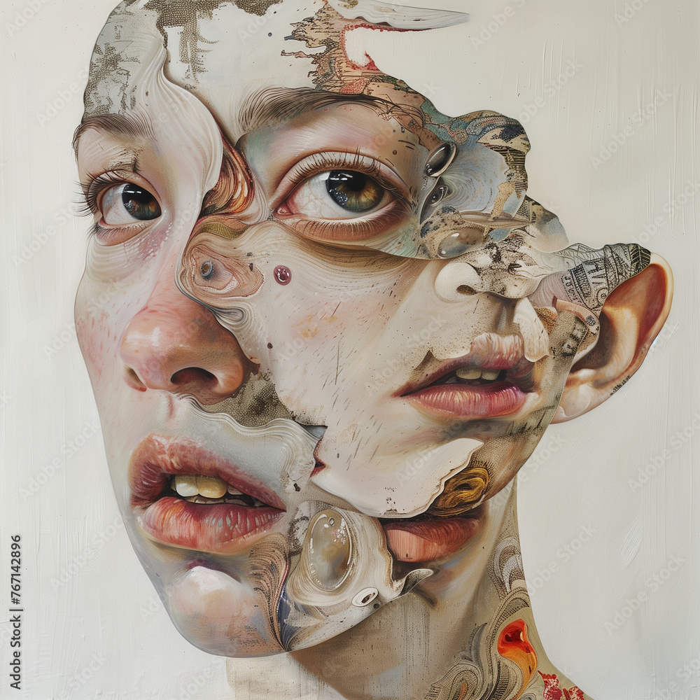 Naklejka premium Abstract Human Visage with Fragmented Elements, Surrealist Art
