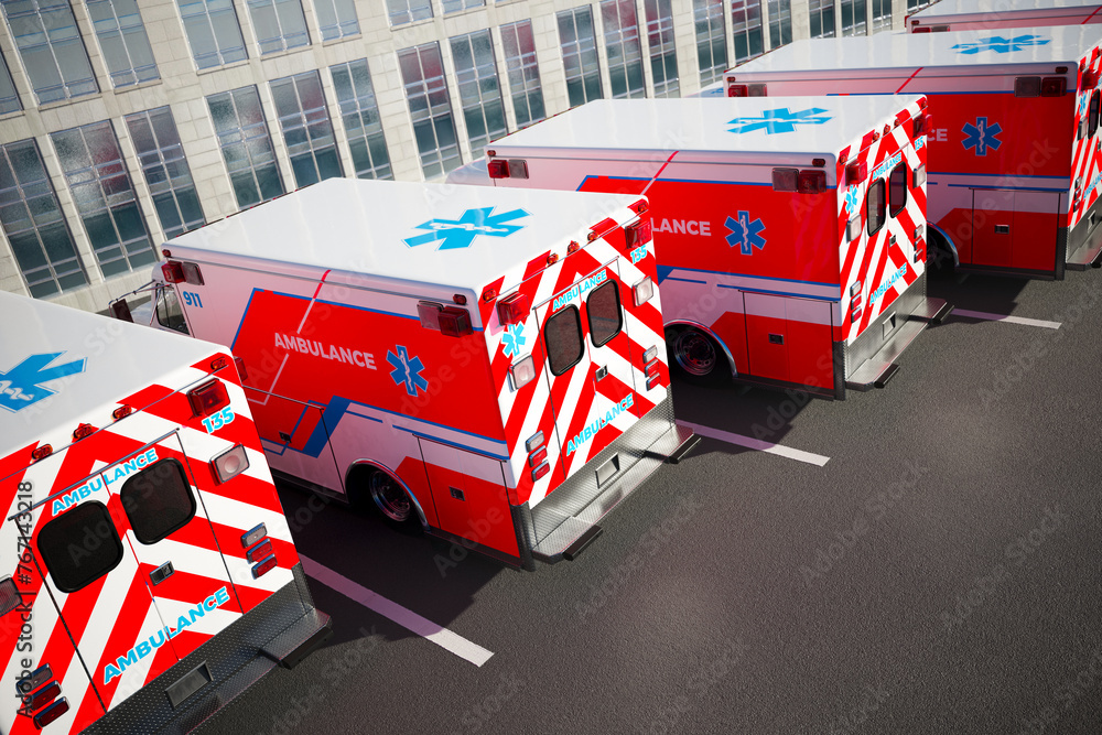 Fleet of Emergency Ambulances Ready for Dispatch Outside City Hospital