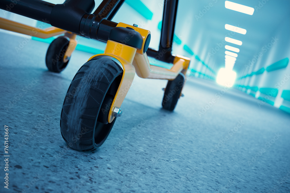Naklejka premium High-Tech Yellow and Black Medical Stretcher in a Brightly Lit Hospital Hallway