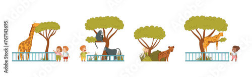 Safari Tour and Zoo Visit with Kids Watch Wild Animal Vector Set