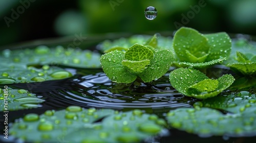  a group of green leaves floating on top of a body of water with drops of water on top of them.