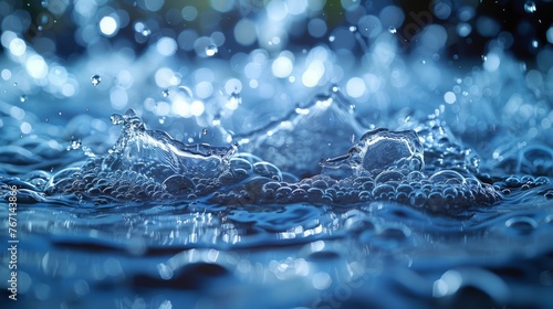  a close up of a water droplet on the surface of a body of water with a blurry background.