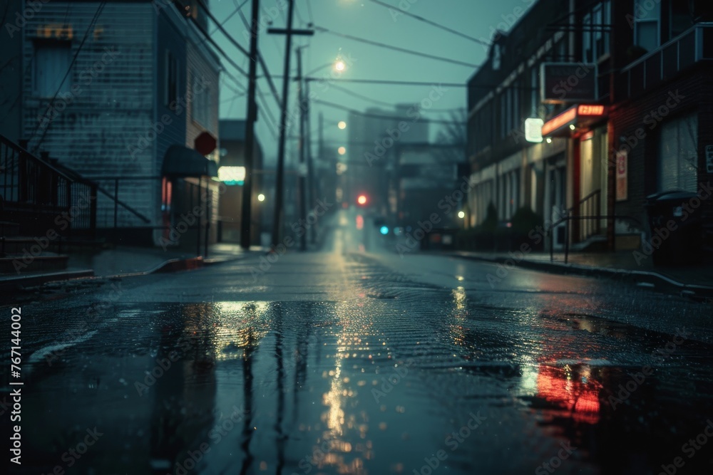 Wet streets of a city reflecting the neon glow and street lights on a foggy, atmospheric night setting a moody urban scene.

