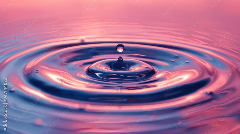 a close up of a water drop in a pool of water with a pink and blue sky in the background.