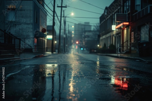 Wet streets of a city reflecting the neon glow and street lights on a foggy, atmospheric night setting a moody urban scene.