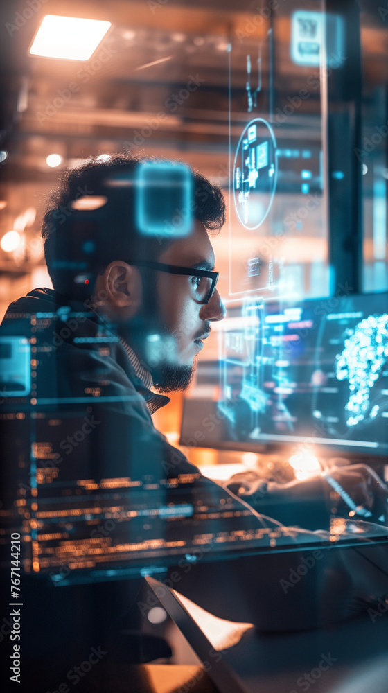 AI engineer is working with a virtual assistant hologram, innovative workspace AI engineer is working with a virtual assistant hologram, innovative workspace
