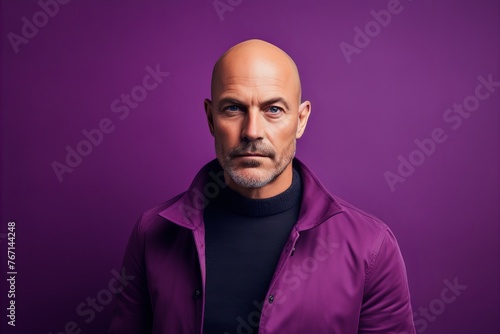 Portrait of a bald man in a purple jacket on a purple background.