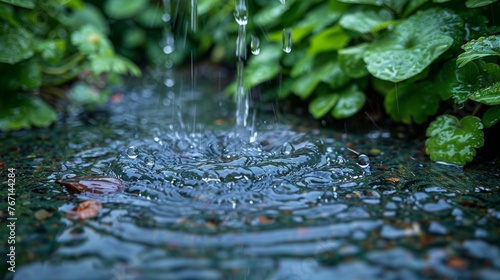  a close up of a sprinkle of water on a green surface with leaves in the background and a green bush in the foreground.