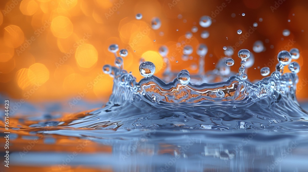  a close up of a water droplet with a blurry background of orange and yellow lights in the background.