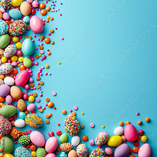 Easter background with colorful eggs and candies. Top view.