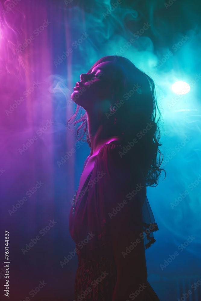a dark discoteque with a beautiful ethereal woman. Strange dark lights, photographic, Realistic poster art 