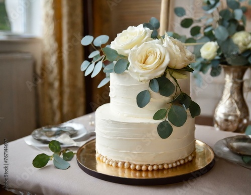 Biały piętrowy tort ślubny ozdobiony białymi kwiatami liśćmi eukaliptusa