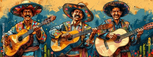 Mariachi band playing guitar, latin men in a Mexican fiesta