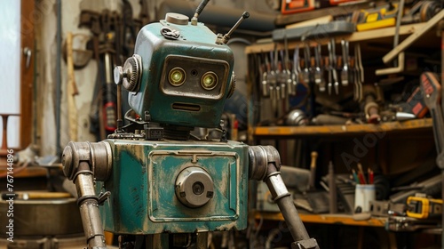 A closeup, realistic portrait of a vintage robot being repaired in an old workshop, filled with tools and mechanical parts, highlighting the contrast between obsolete technology and modern innovation
